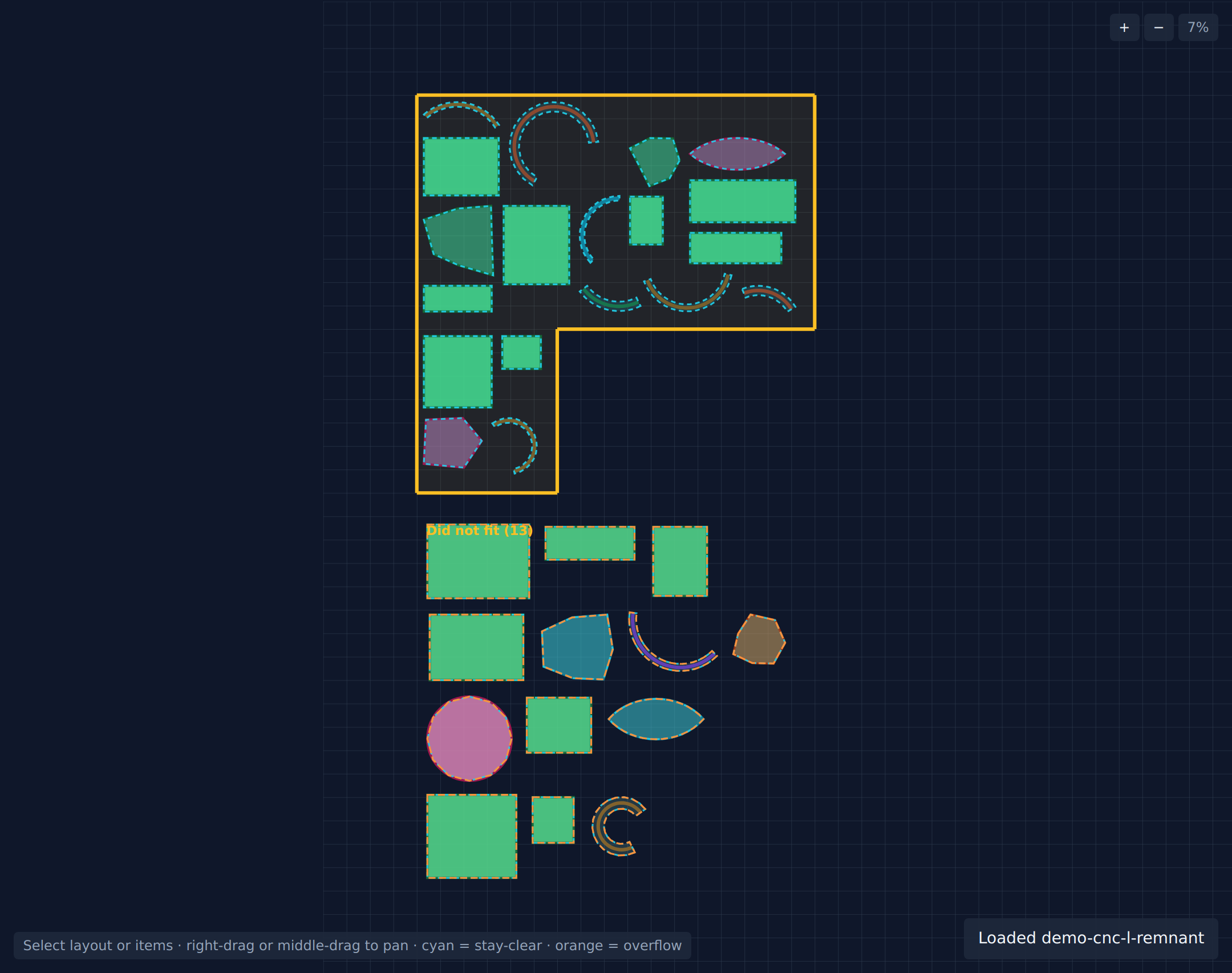 AutoFitShapes canvas with irregular parts nested inside an L-shaped sheet